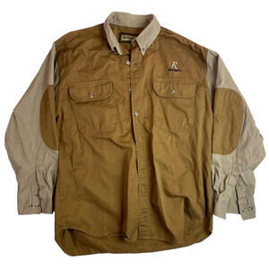 Remington Shirt Mens‎ Large Long Sleeve Button Up Tan Brown w Elbow Patches
